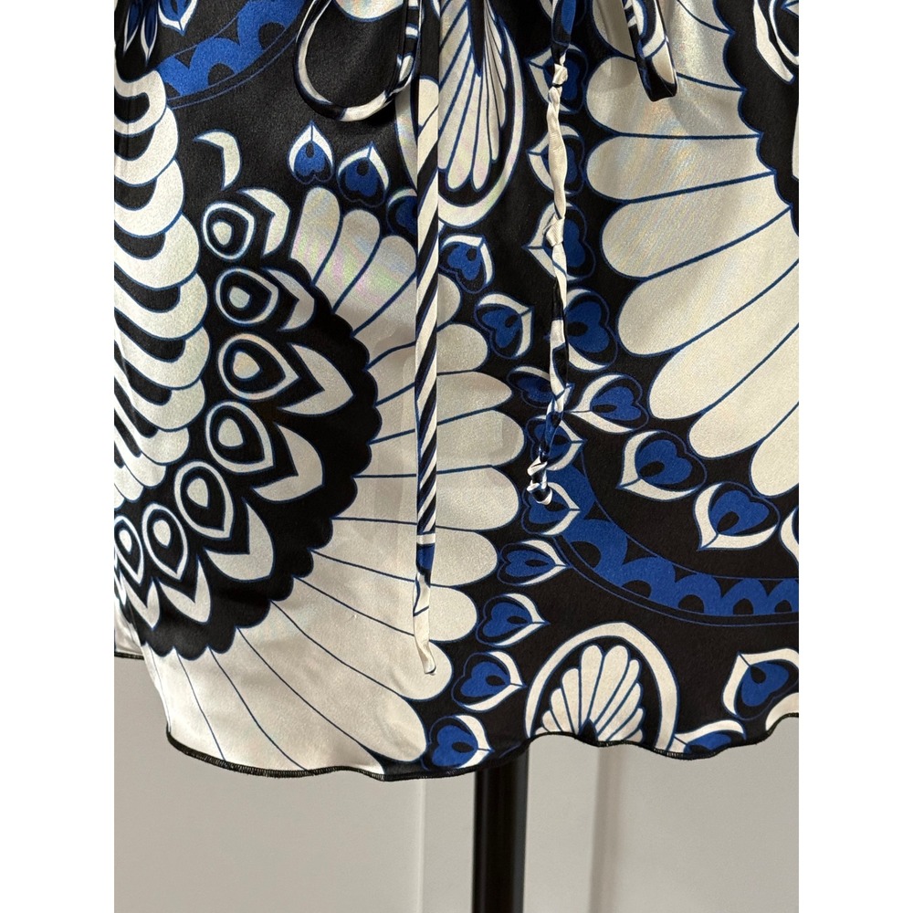 Y2K Satin Babydoll Bling Tie Back Blue Black Mod Print Top Sz M - Picture 12 of 13